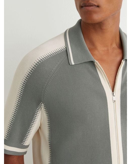 Reiss Gray Sage & Ecru Colour-Block Zip-Through Knit Shirt for men