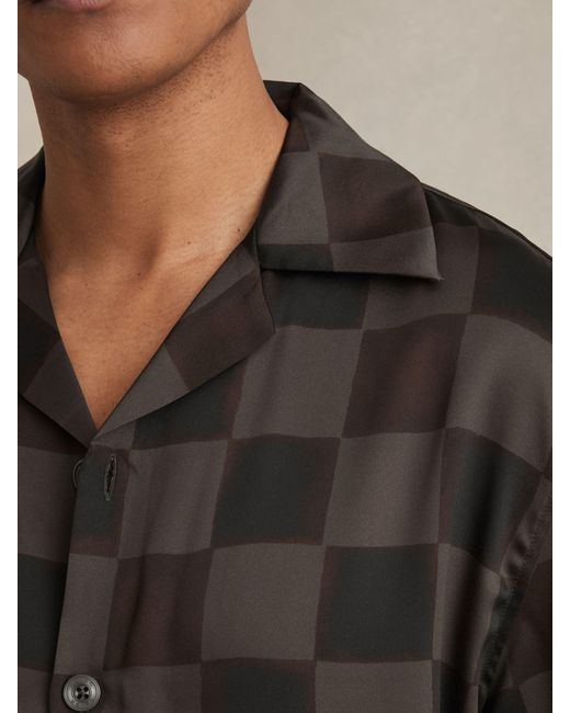 Reiss Black Chequered-Print Cuban-Collar Shirt for men