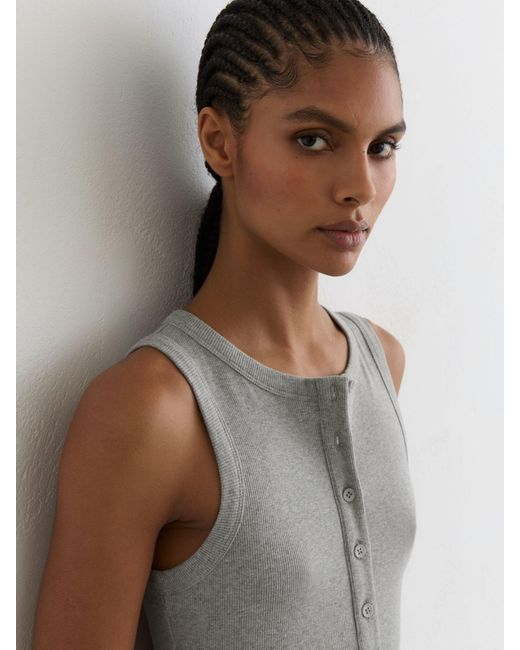 Reiss Gray Stretch-Cotton Ribbed Henley Vest