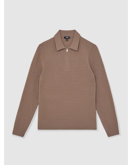 Reiss Brown Wool Waffle-Knit Half-Zip Polo Shirt for men