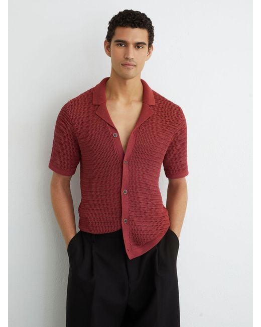 Reiss Red Buzzard Open-Knit Button-Through Shirt for men