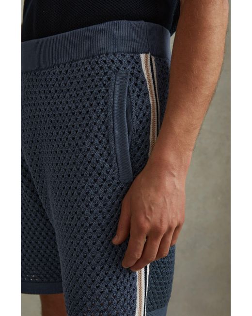 Reiss Gray Creek - Airforce Blue Cotton Blend Crochet Drawstring Shorts, Xs for men