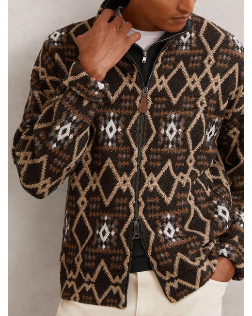 Reiss Brown Geometric Fair Isle Zip-Through Jumper With Wool for men