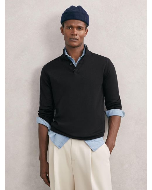 Reiss Black Merino Wool Half-Button Funnel Jumper for men