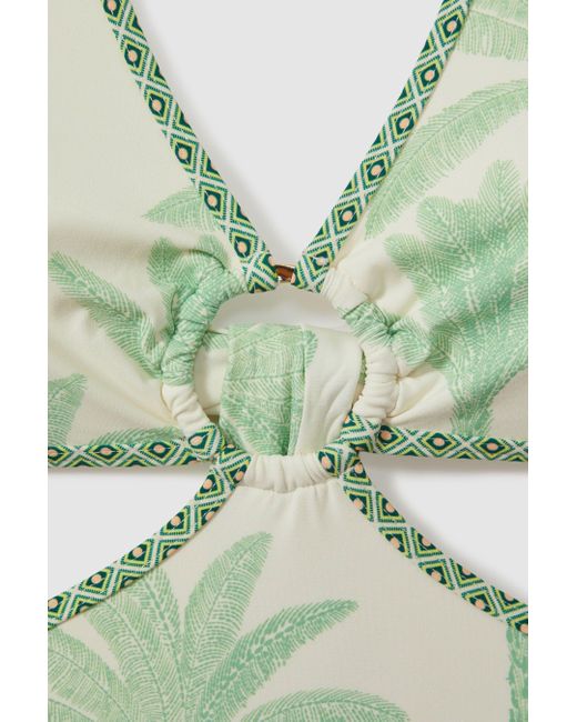 Reiss Natural Gabriella - Green/cream Palm Tree Halter Neck Swimsuit