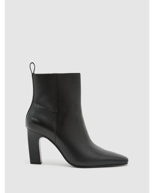 Reiss Black Leather Chisel-Toe Block-Heel Ankle Boots