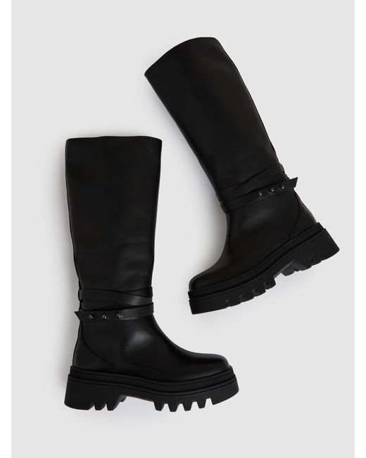 Reiss Albany - Black Leather Chunky Flat Knee-high Boots, Us 8 (uk 6)
