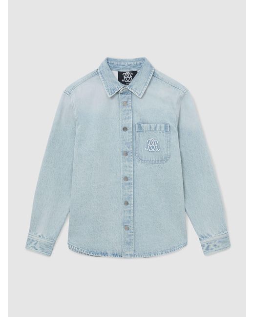 Reiss Gray Randall - Acid Blue Monogram Relaxed Washed-denim Overshirt, L for men