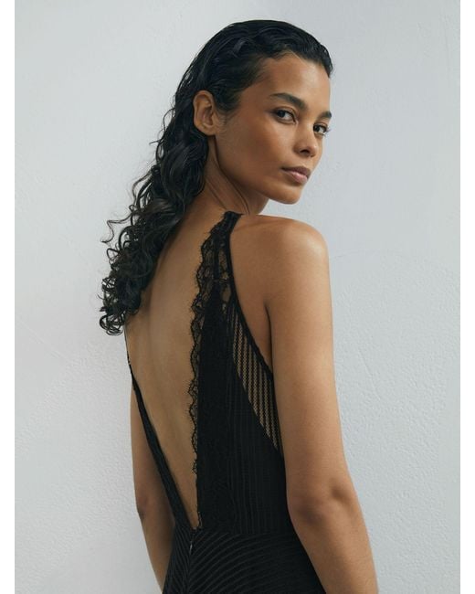 ATELIER Lace-trim Sheer Maxi Black Dress