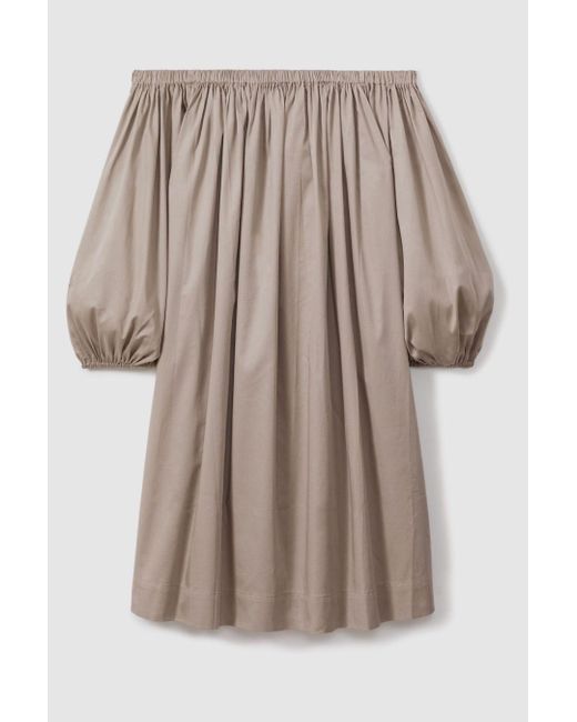 Reiss Natural Sofia - Mocha Cotton Ruched Puff Sleeve Mini Dress