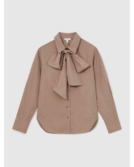 Reiss Brown Cotton Striped Tie-Neck Shirt