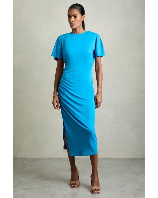 Reiss Blue Blend Ruched Midi Dress