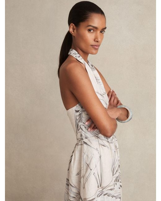 Reiss Natural Petite Linen Palm Print Halterneck Midi Dress