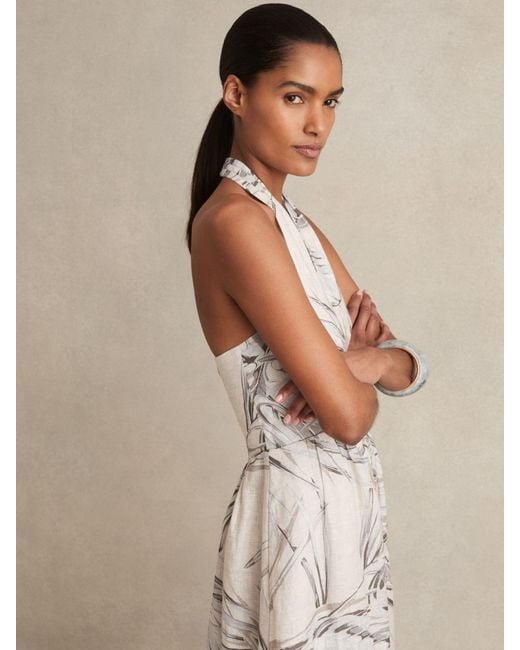 Reiss Natural Petite Linen Palm Print Halterneck Midi Dress