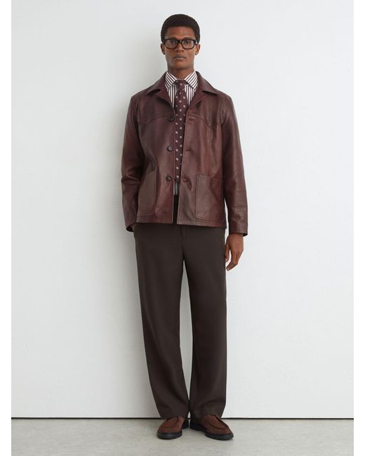 Reiss Brown Burnished-Leather Button-Through Jacket for men