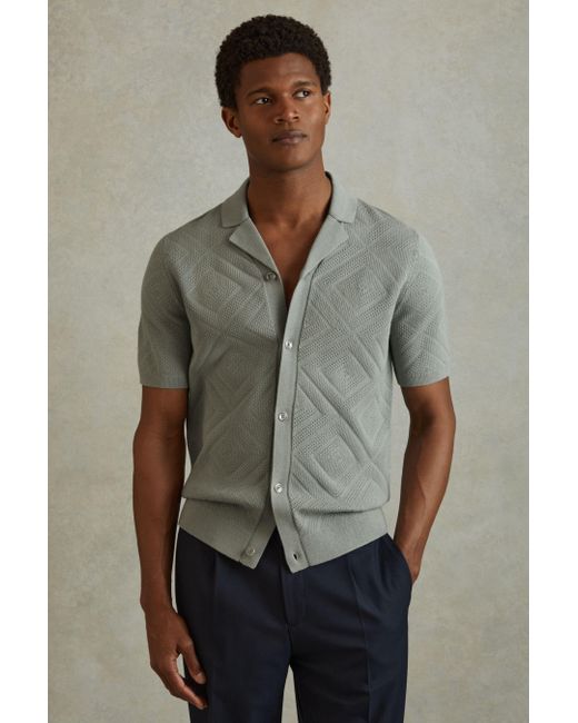 Reiss Multicolor Biarritz - Soft Sage Cotton Cuban Collar Shirt, M for men