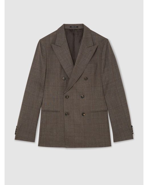 Reiss Brown Db Wool-Blend Check Double-Breasted Suit Blazer Classic-Fit for men