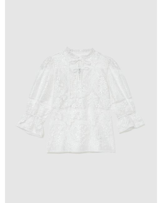 Reiss Brown Sheer Lace Tie-Neck Blouse