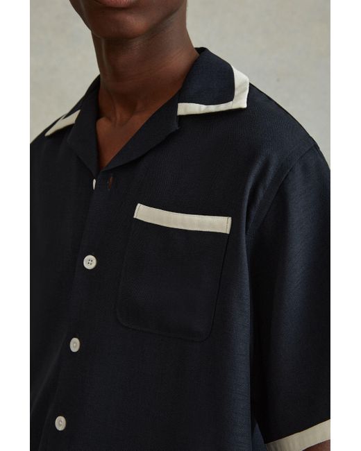 Reiss Multicolor Vita - Navy/ecru Contrast Trim Cuban Collar Shirt for men