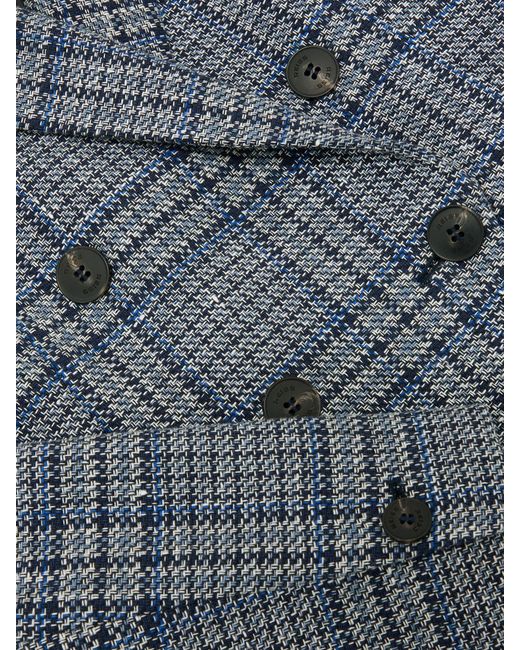 Reiss Blue Check Larissa Double-Breasted Check Blazer Cotton-Linen