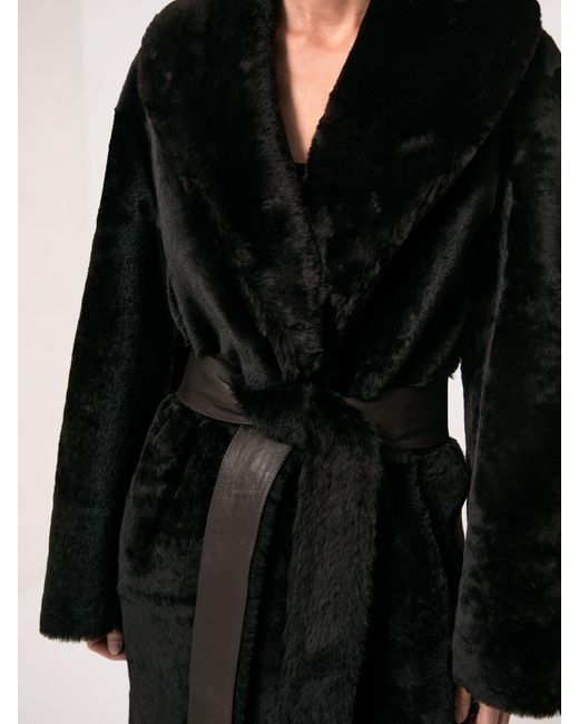 Reiss Black Shearling Belted Coat