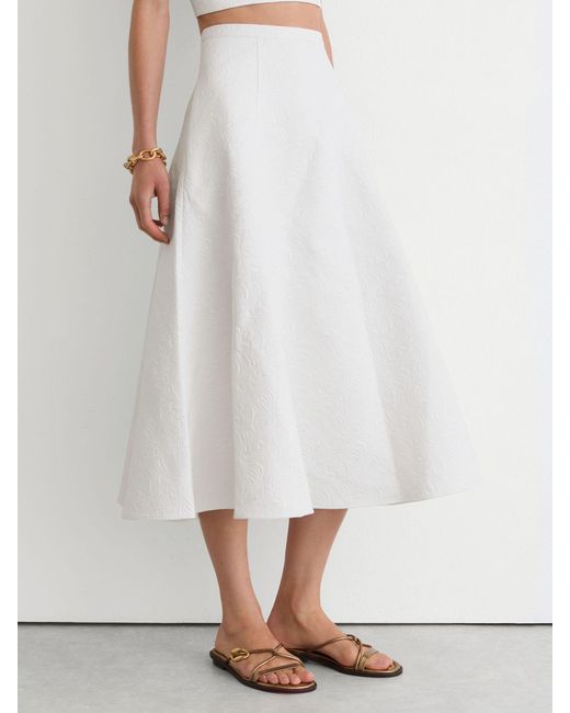 Reiss White Cotton-Blend Jacquard Midi Skirt