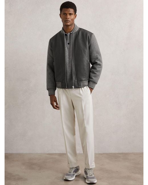 Reiss Gray Leather Contrast-Sleeve Bomber Jacket for men