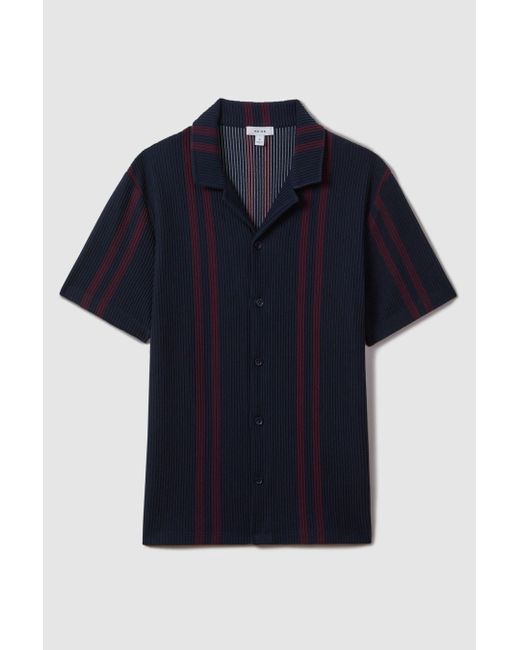 Reiss Blue Castle - Navy/bordeaux Ribbed Striped Cuban Collar Shirt for men