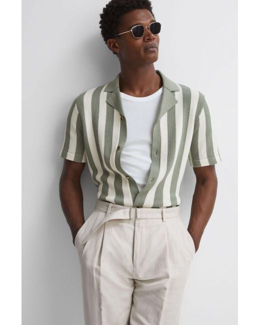 Reiss Multicolor Tortolli - Ecru/sage | Ché Crocheted Cuban Collar Button Through Shirt for men