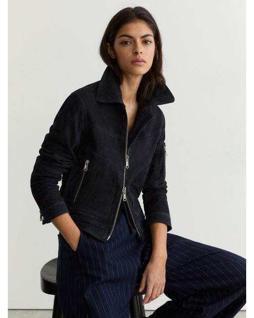 Reiss Blue Tate - Navy Suede Zip-through Jacket, Us 4