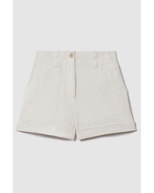 Reiss Natural Demi - White Linen High Rise Garment Dyed Shorts, Us 14