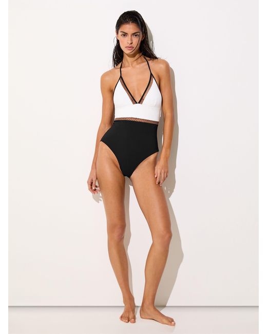 Reiss Multicolor Tan Colourblock Halter Swimsuit