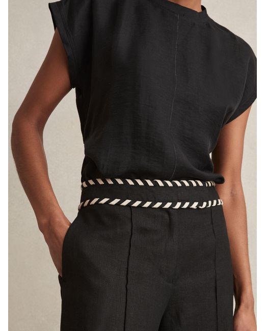 Reiss Fawn - Black Linen Wide-leg Whipstitch Trousers, Us 10 R