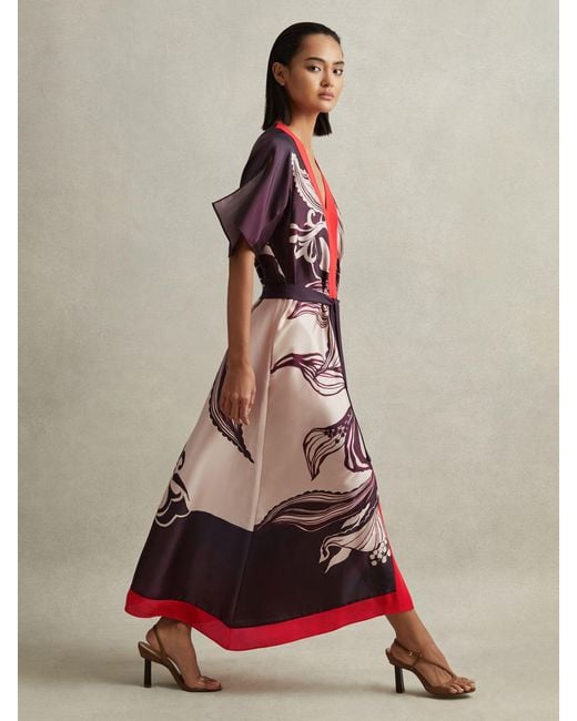 Reiss Red Hanna Printed Front Split Midi Dress, Cream & Burgundy