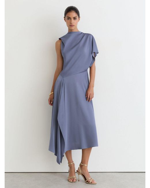 Reiss Blue Naomi - Lilac Purple Petite Satin One-shoulder Draped Midi Dress, Us 14