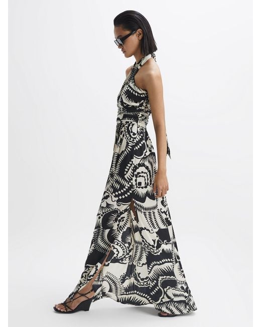 Reiss White Printed Halter Neck Maxi Dress