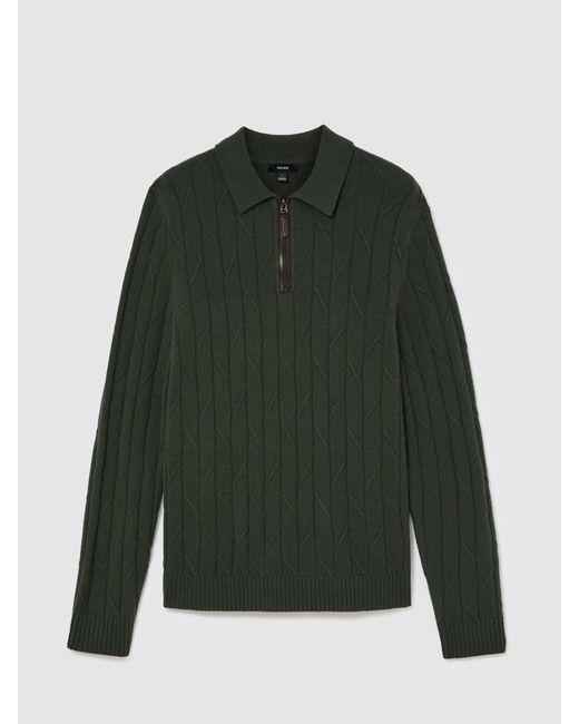 Reiss Green Wool Stitch-Detail Half-Zip Polo Jumper for men