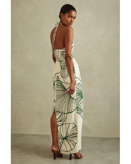 Reiss Lexi - White/green Floral Sketch Halter Neck Maxi Dress