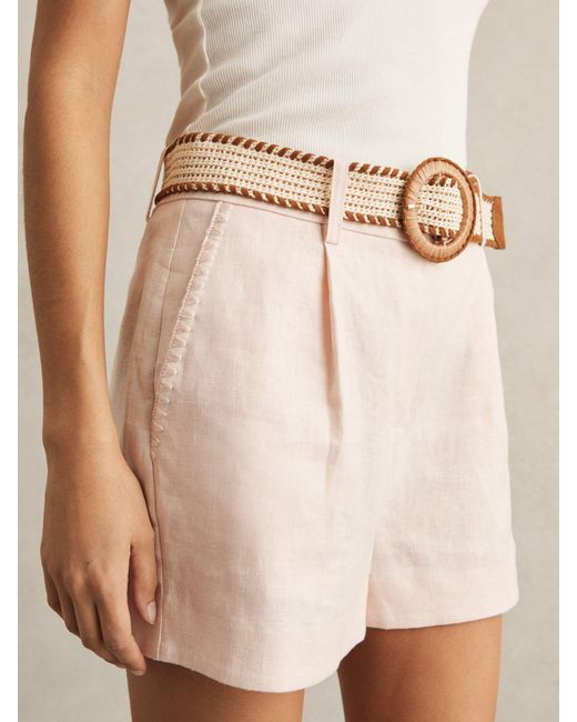 Reiss Natural Linen Pleat-Front Belted Shorts