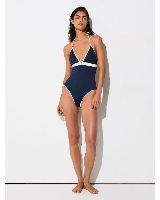 Reiss Blue Colour-Block Textured Swimsuit