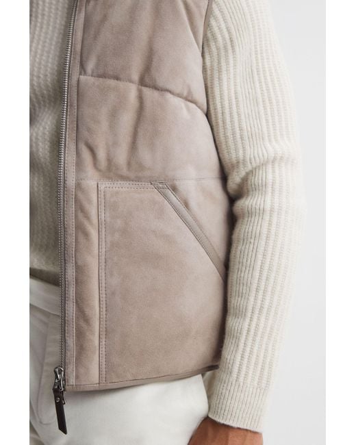 Reiss Brown Cobar - Taupe Suede Quilted Sleeveless Gilet for men