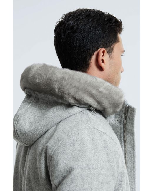 ATELIER Gray Wool Blend Removable Faux Fur Hooded Coat for men