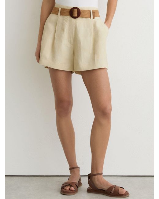 Reiss Natural Matilda - Neutral Jacquard Belted Shorts With Linen, Us 12