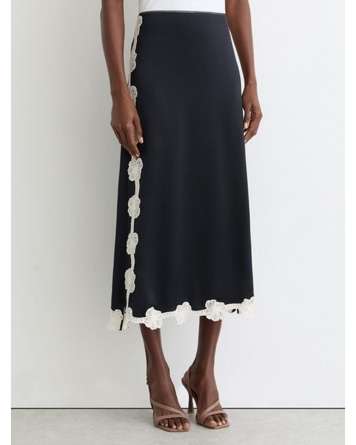 Reiss White Satin Floral-Lace Trim Midi Skirt