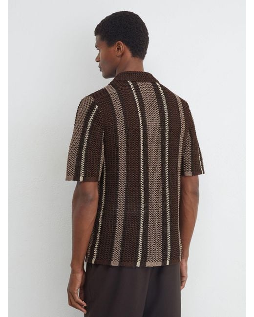 Reiss Brown Crochet Stripe Cuban-Collar Shirt for men