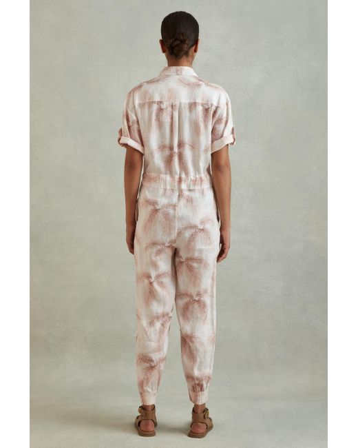 Reiss Natural Kaia - Blush Linen Tropical Print Belted Jumpsuit