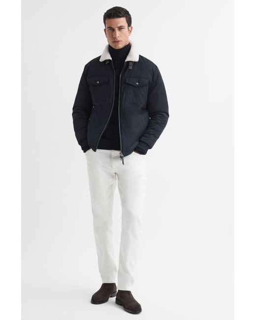Reiss Black Harvey - Navy Quilted Faux Shearling Collar Coat for men
