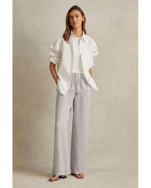 Reiss Natural Cleo - Dusty Blue Garment Dyed Wide Leg Linen Trousers