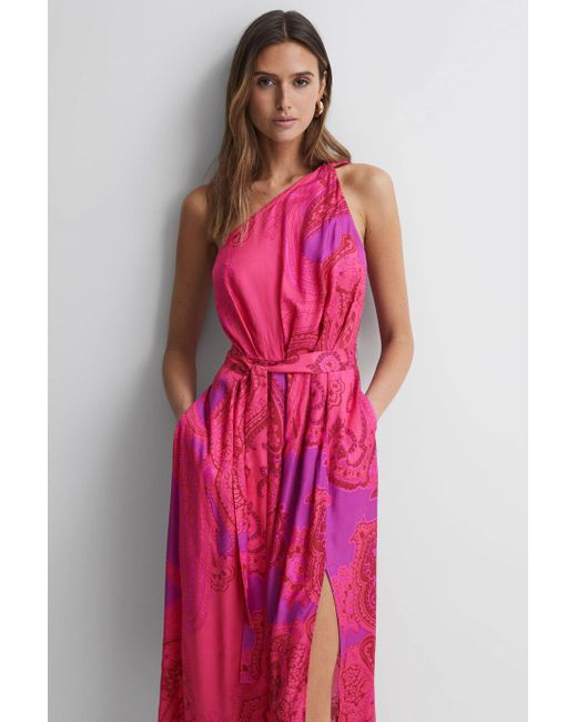Reiss Red Mila - Pink One Shoulder Paisley Maxi Dress