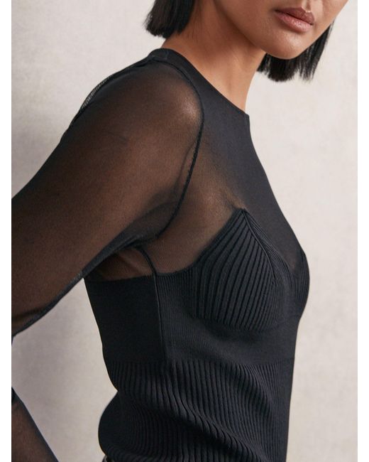 Reiss Brown Mesh Knit Sweetheart Long-Sleeve Top